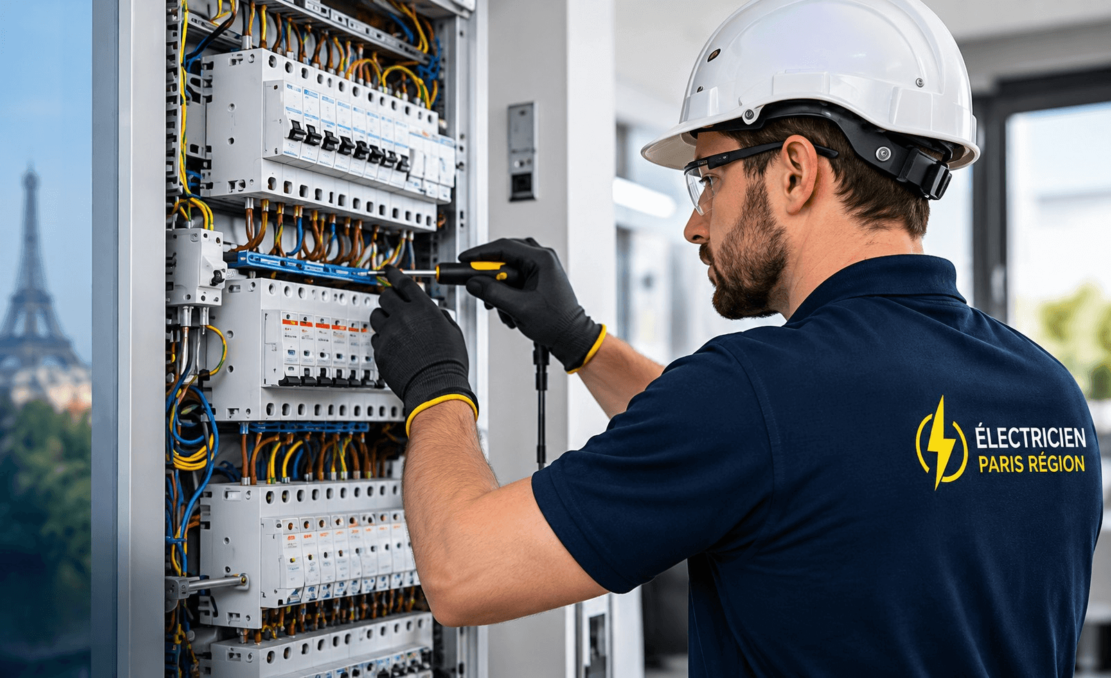 Électricien professionnel intervenant sur un tableau électrique