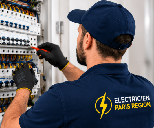 Électricien professionnel intervenant sur un tableau électrique