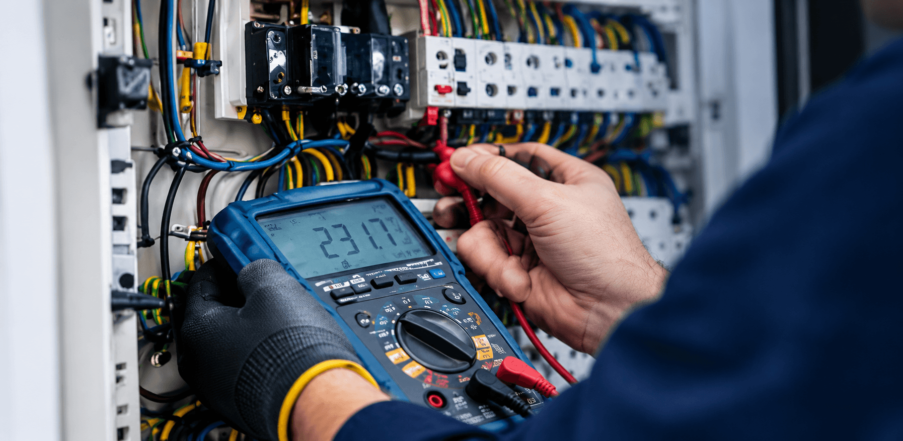 Électricien professionnel réalisant un diagnostic électrique